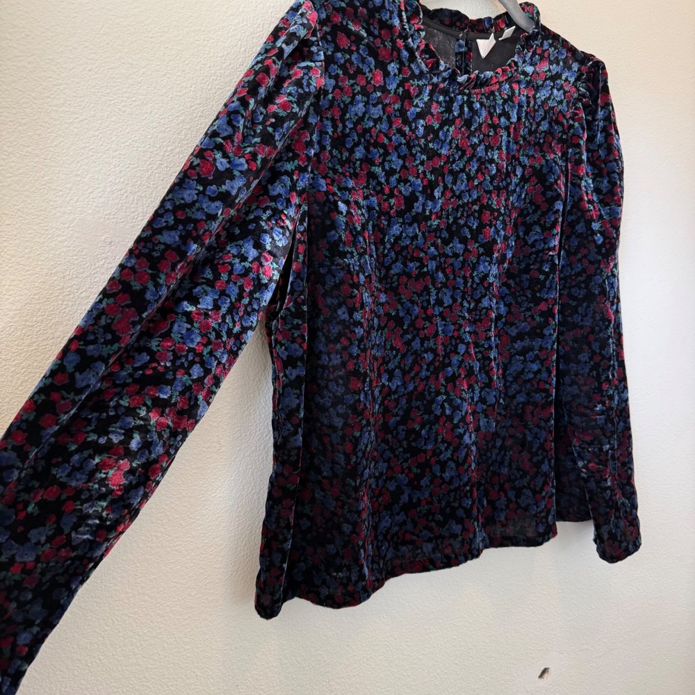 Gap Womens Floral‎ Velvet Puff Sleeve Mock Neck Ruffle Blouse Blue Red Black M - Picture 4 of 13